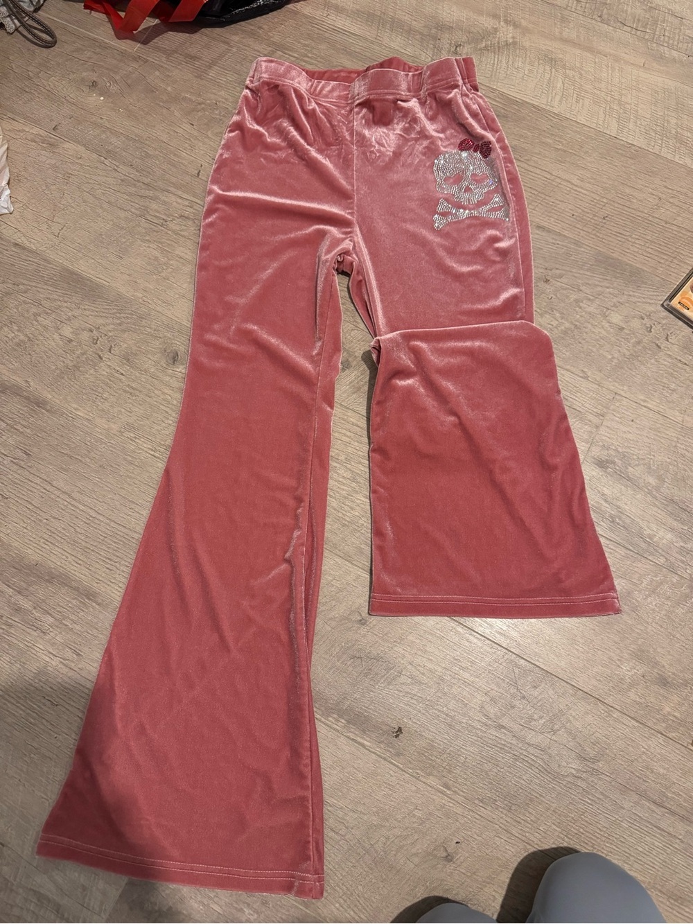Women’s Pink Velvet Flared Pants with Embellished Skull